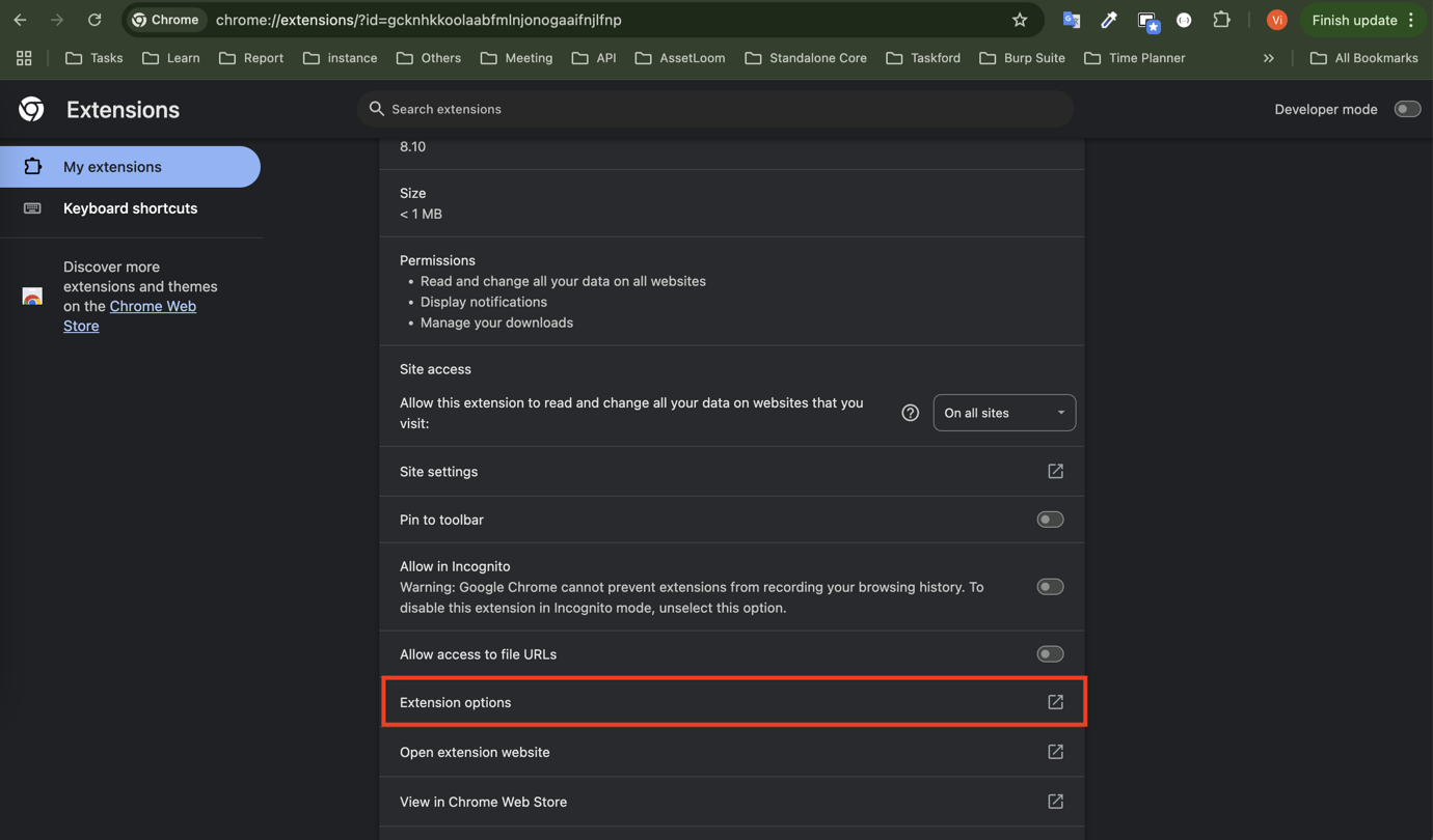 Click Extension options