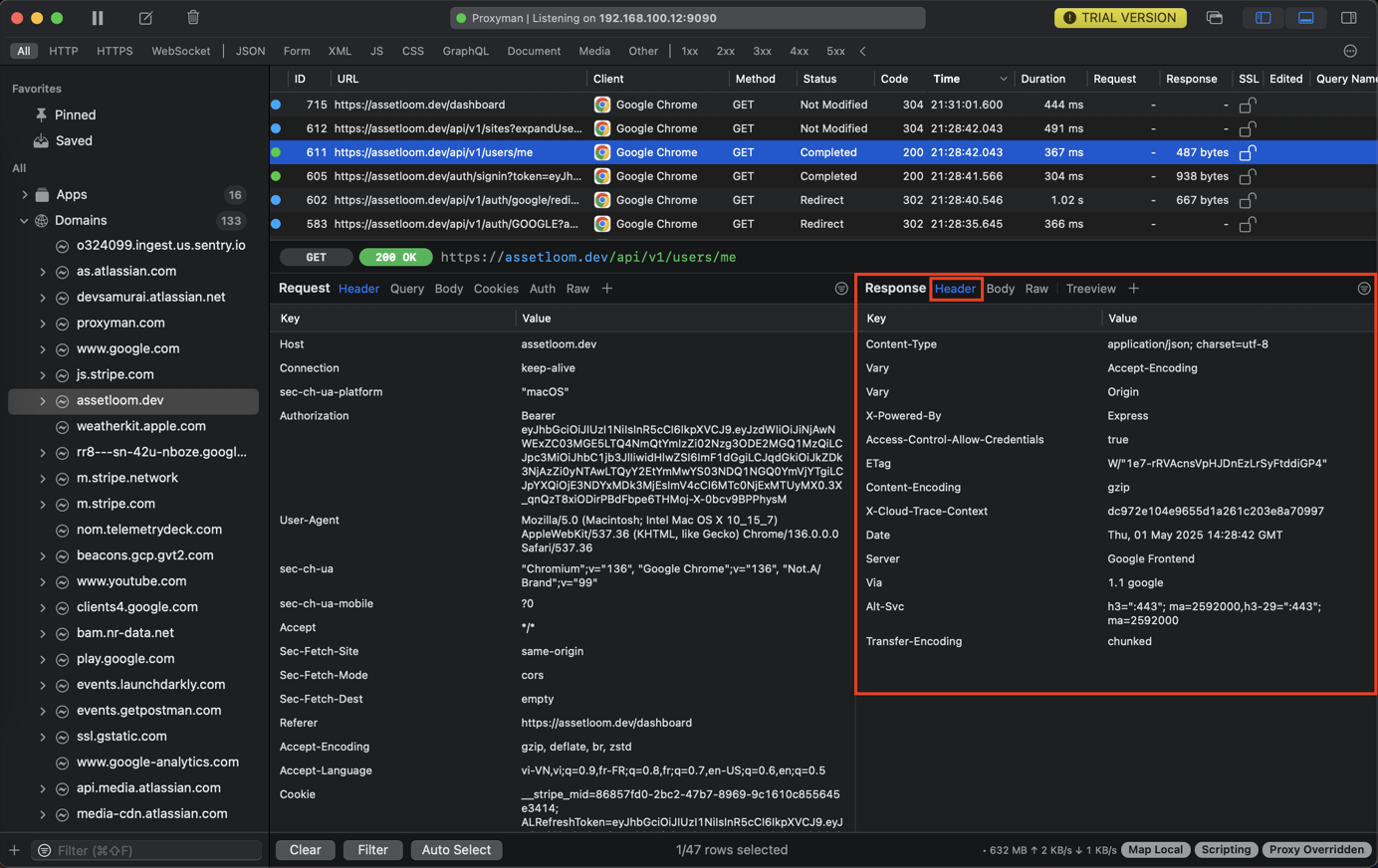 Header of Response tab